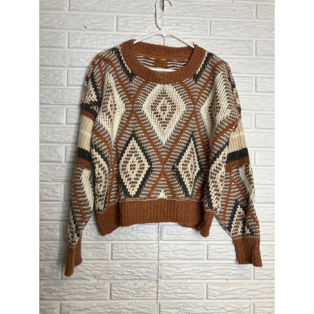 POL Sweater Womens Medium Brown Geometric Diamond Knit Crochet Trim Good JST600